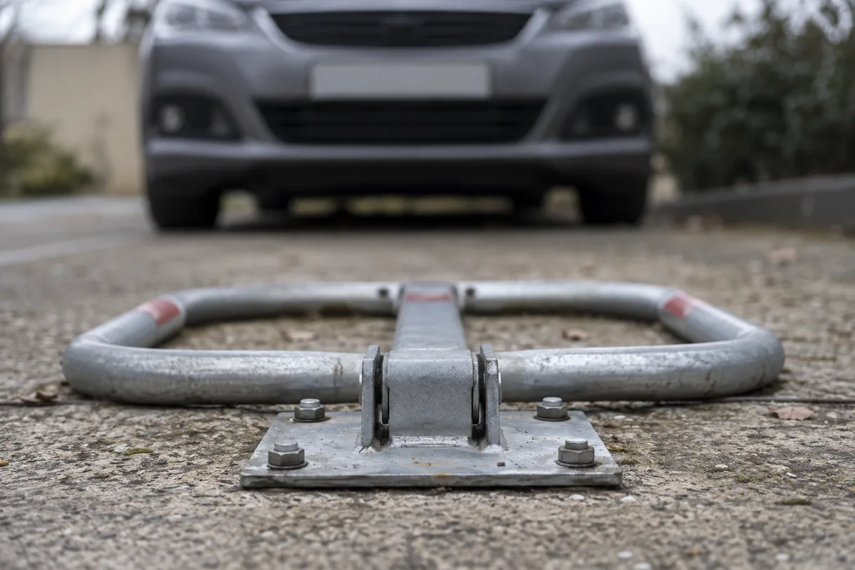 Arceau de parking rabattu au sol devant une voiture en arrière-plan flou