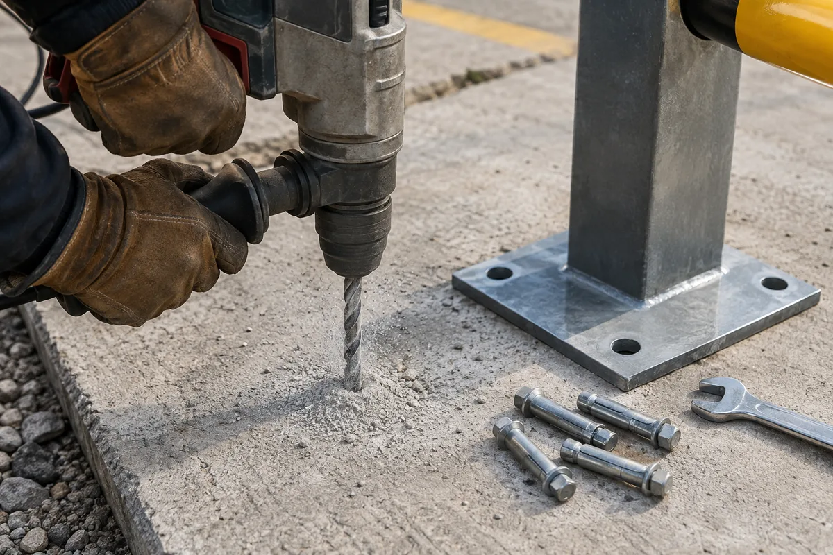 Mains gantées perçant une dalle béton au perforateur à côté d’une platine d’arceau