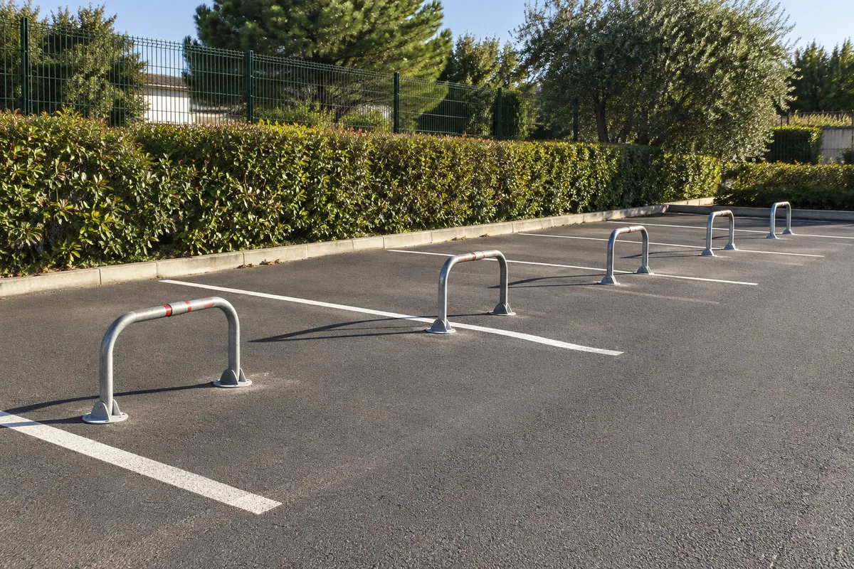 Rangée de places de parking extérieures avec arceaux relevés sous le soleil
