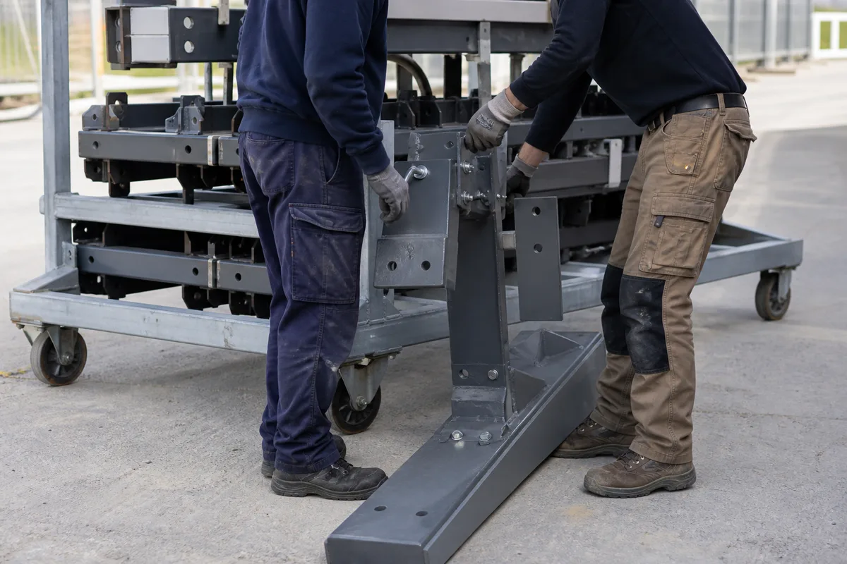 Deux agents assemblant des modules de barrière anti-bélier depuis un rack de transport roulant