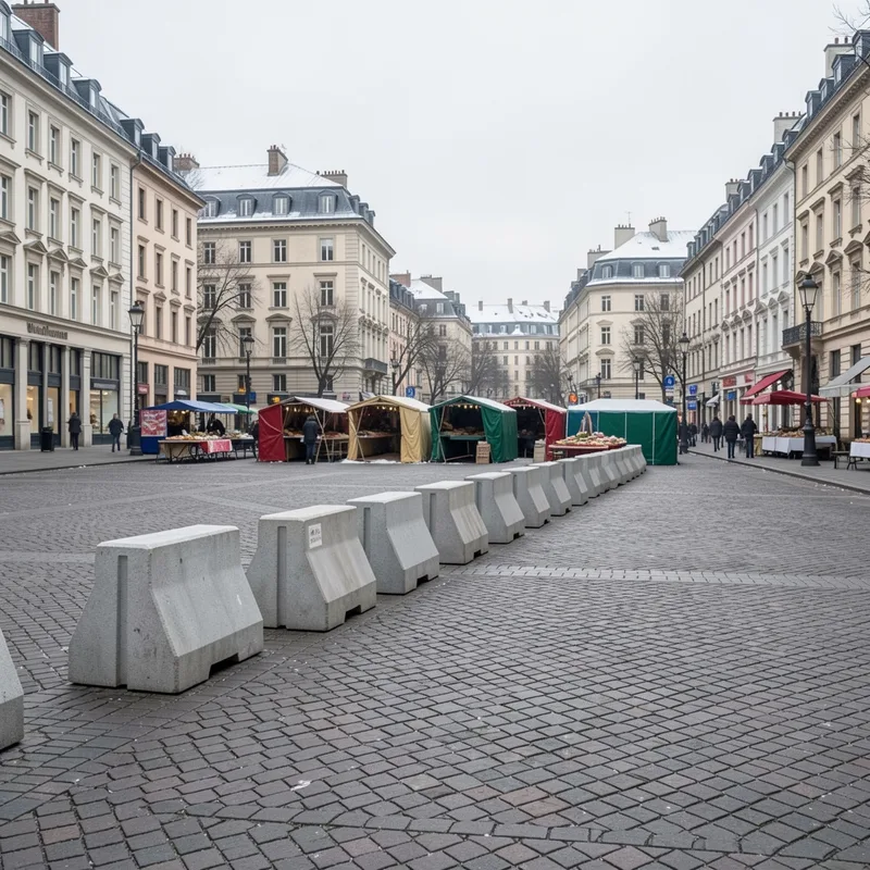 Alignement de blocs béton anti-bélier fermant l’entrée d’une place de marché en centre-ville