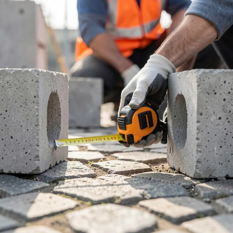 Agent municipal mesurant au décamètre l’espacement entre deux blocs béton de sécurité sur une place pavée