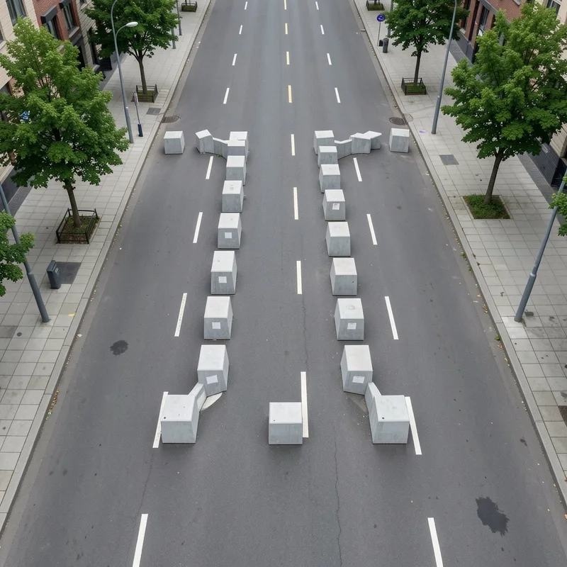 Vue en plan d’un accès urbain protégé par une ligne de blocs béton avec chicane et passage piéton dégagé