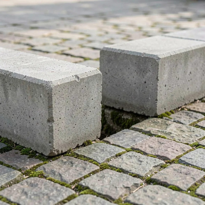 Blocs béton de sécurité posés sur un revêtement pavé irrégulier, avec un léger dévers visible sous l’embase