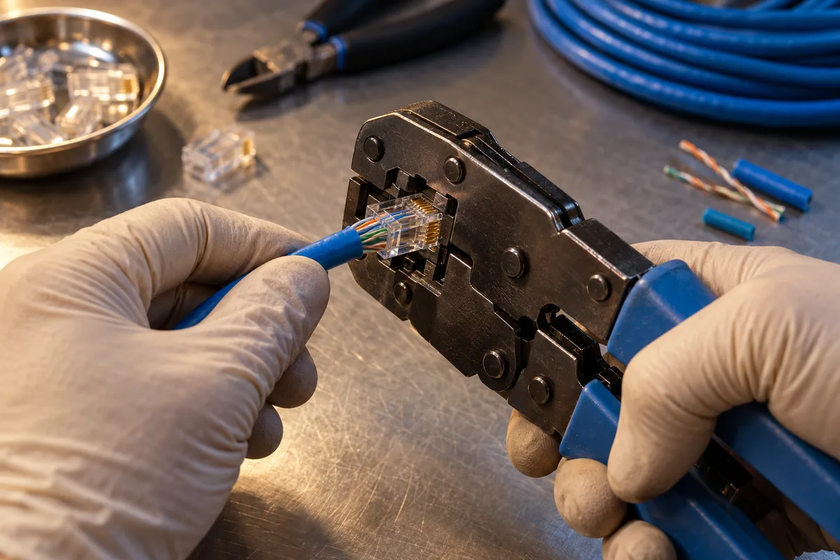 Mains d’un technicien sertissant un connecteur RJ45 sur un câble réseau bleu