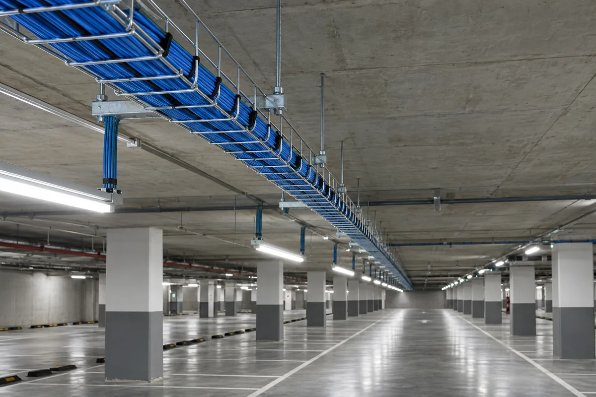Chemin de câbles métallique courant le long du plafond béton d’un parking souterrain