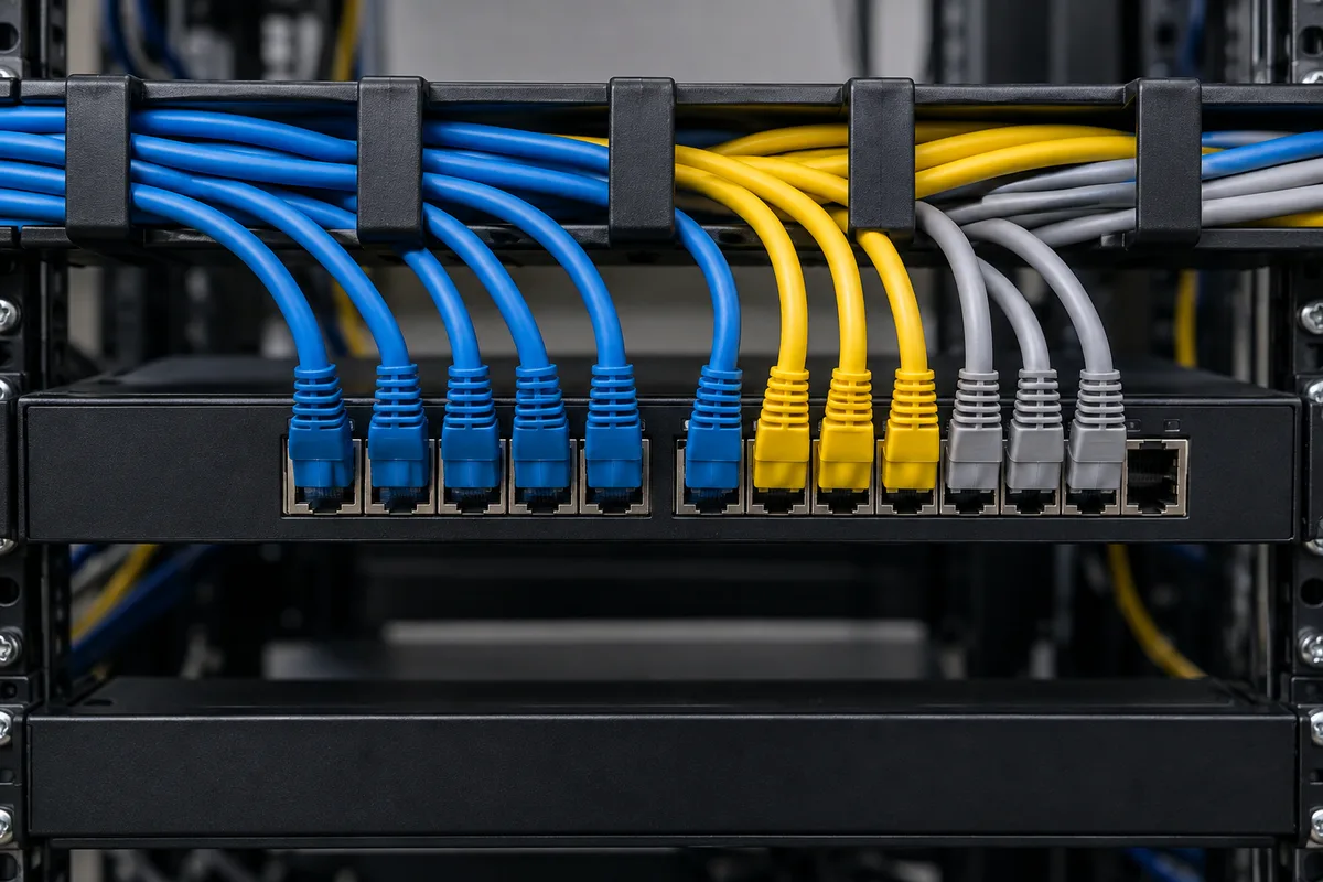 Intérieur d’une baie de brassage avec switch et cordons de brassage colorés rangés