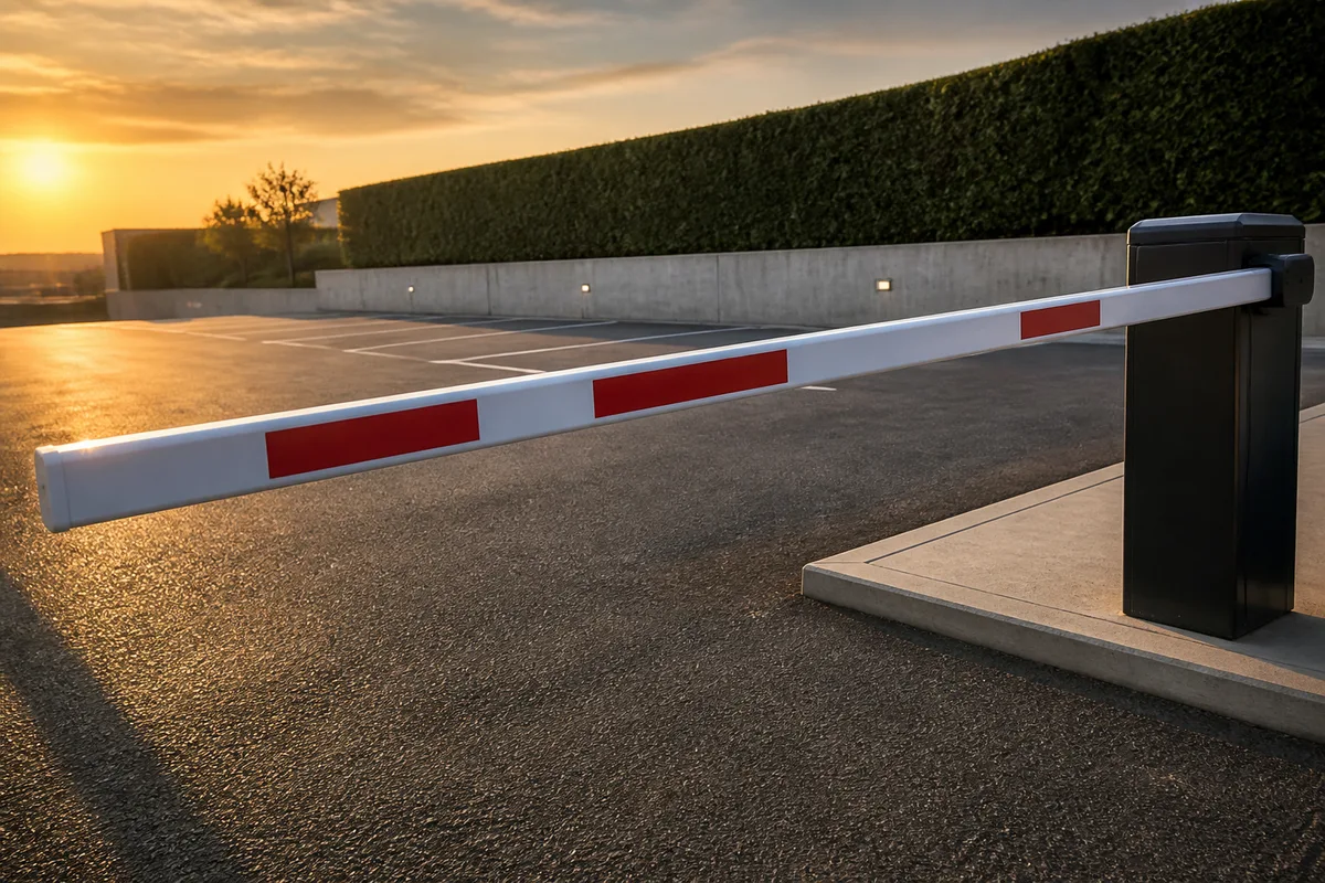 Barrière levante fermée à l&rsquo;entrée d&rsquo;un parking d&rsquo;entreprise en fin de journée