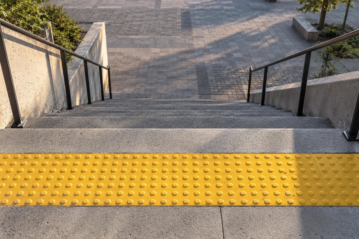 Bande podotactile jaune posée en haut d&rsquo;un escalier extérieur en béton