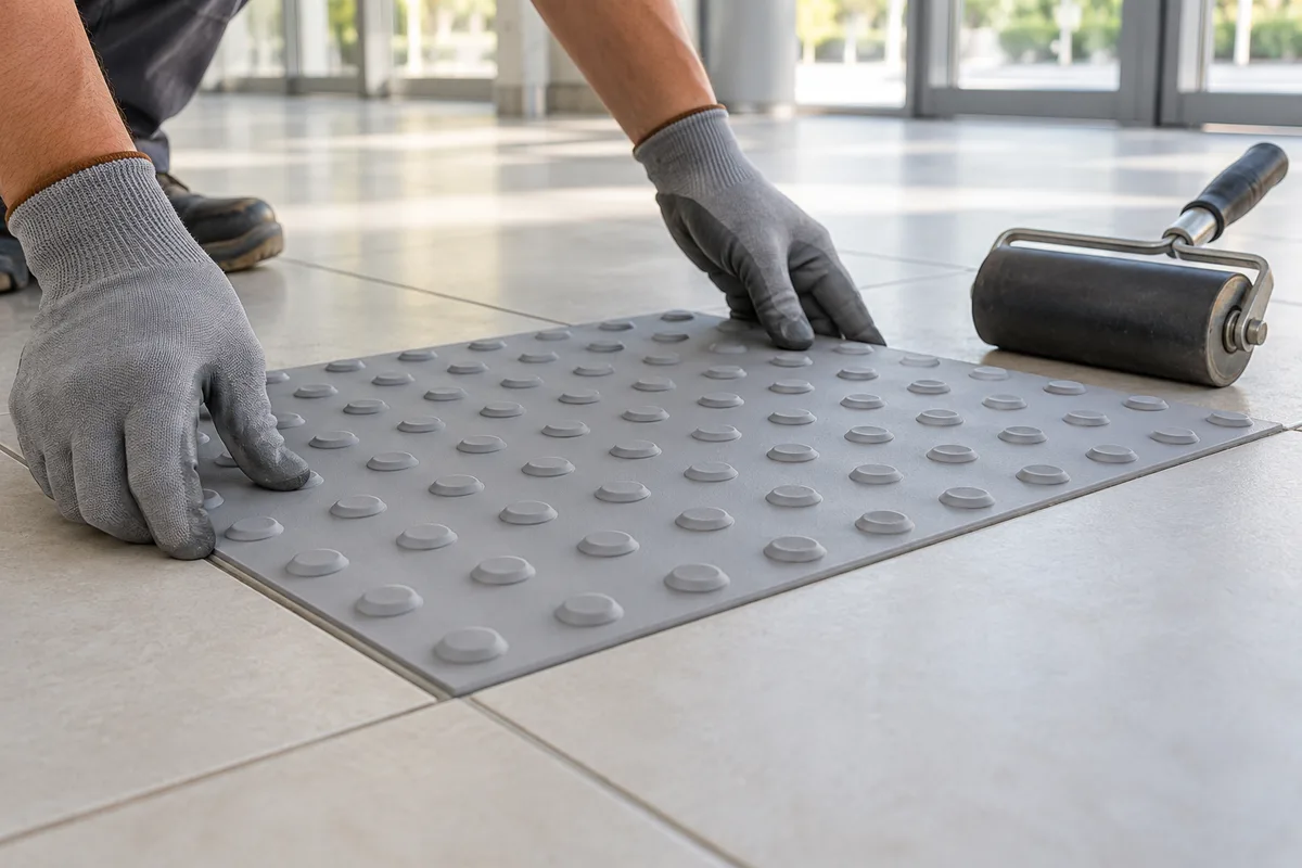 Mains gantées posant une dalle podotactile grise sur le sol d&rsquo;un hall