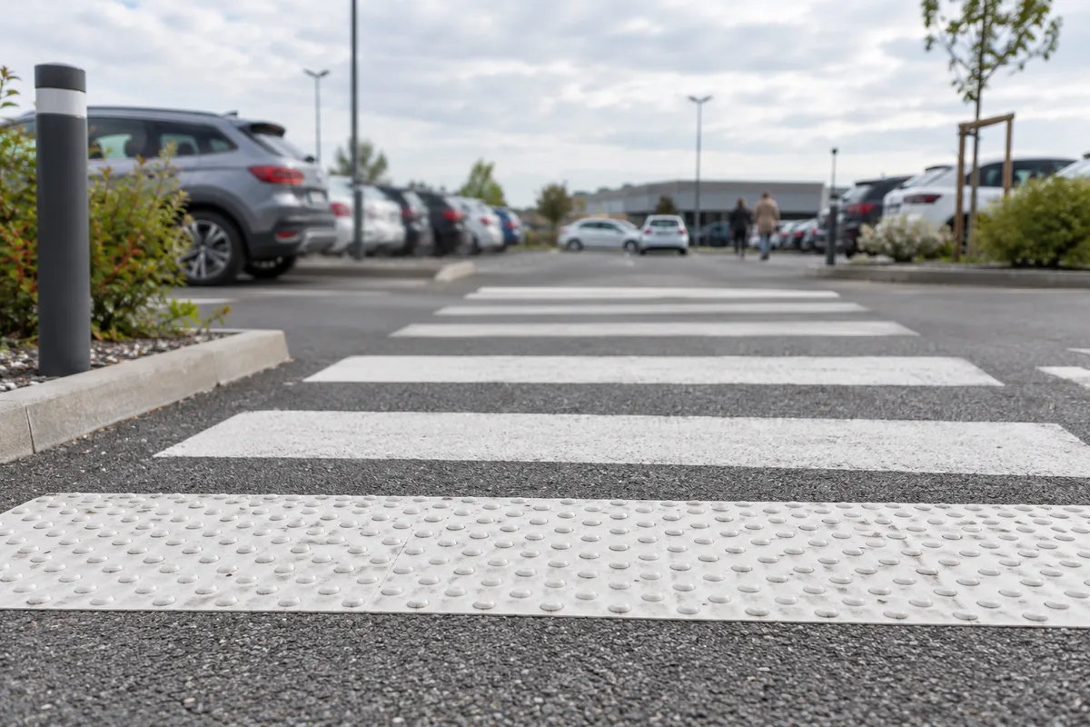 Bande d&rsquo;éveil blanche devant une traversée dans l&rsquo;allée d&rsquo;un parking aérien