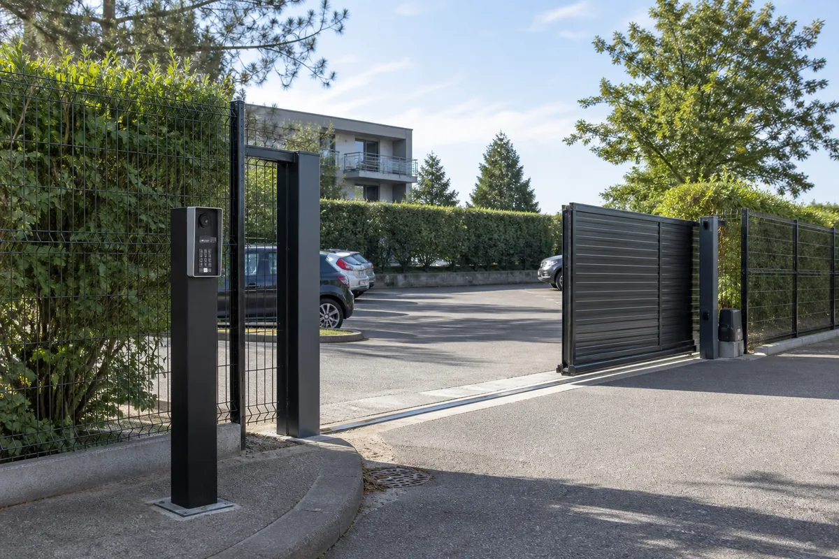 Portail automatique et borne de contrôle d’accès à l’entrée d’un parking privé