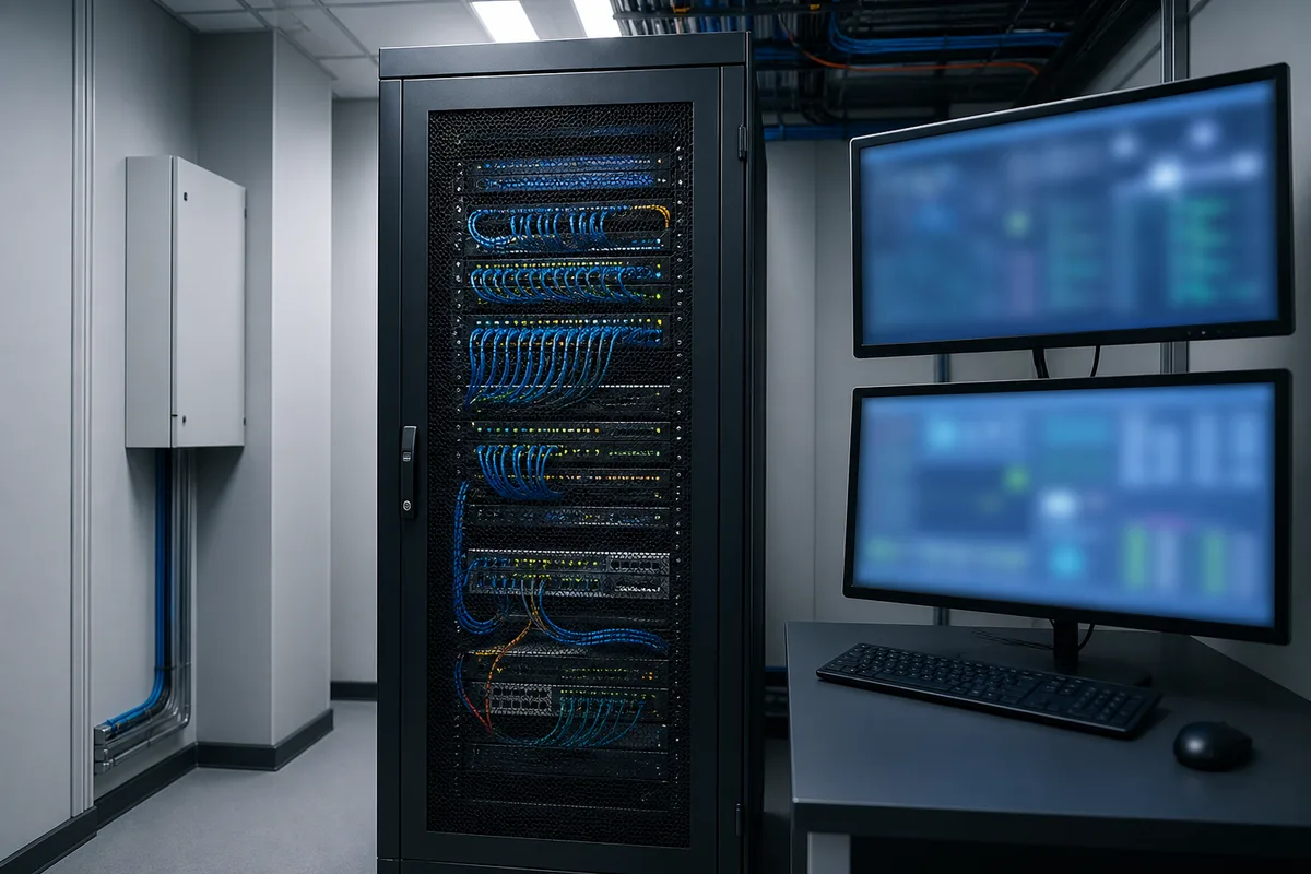 Local technique avec baie informatique et écrans de supervision d’accès