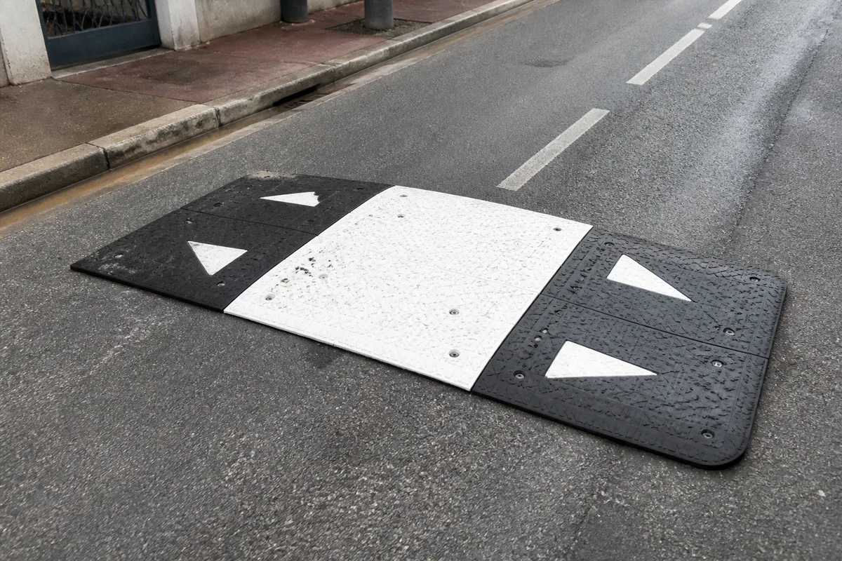Coussin berlinois en caoutchouc posé sur une chaussée urbaine, marquage blanc visible