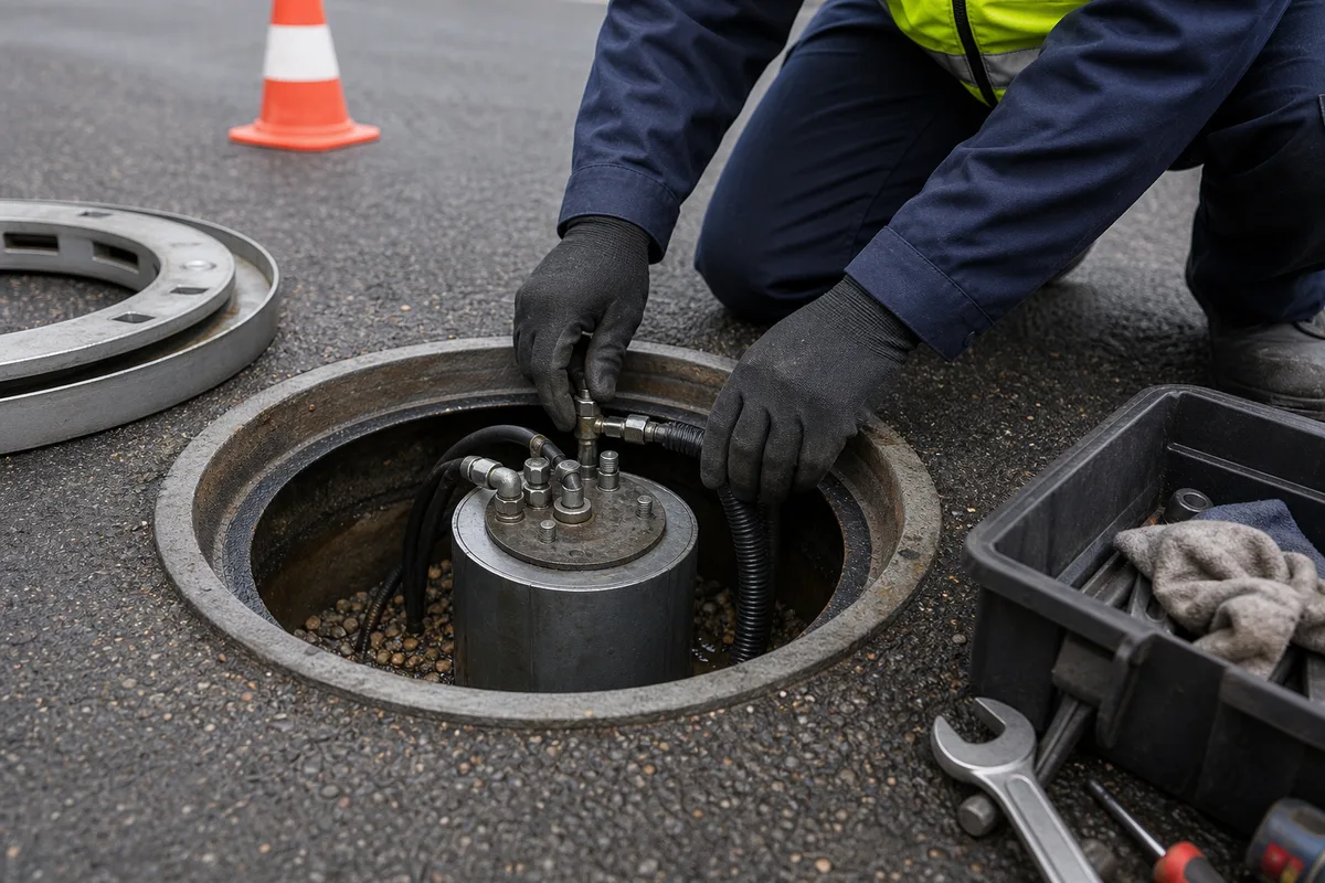 Technicien intervenant sur la fosse d&rsquo;une borne escamotable démontée