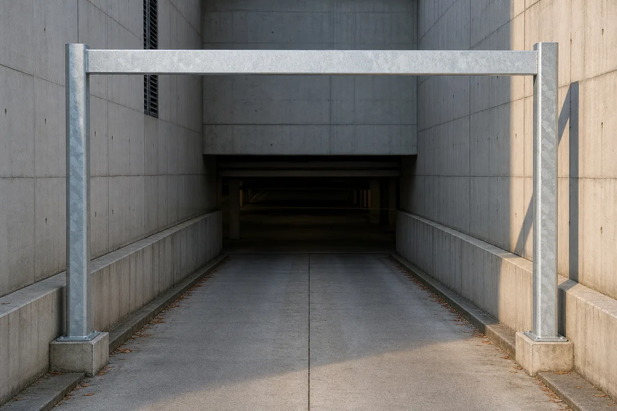 Portique limiteur de hauteur en acier galvanisé à l&rsquo;entrée d&rsquo;un parking extérieur, traverse horizontale et poteaux ancrés au sol