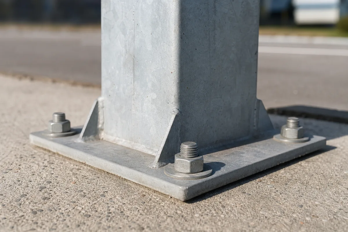 Poteau de portique en acier galvanisé ancré sur platine chevillée dans une dalle béton, vue rapprochée des fixations