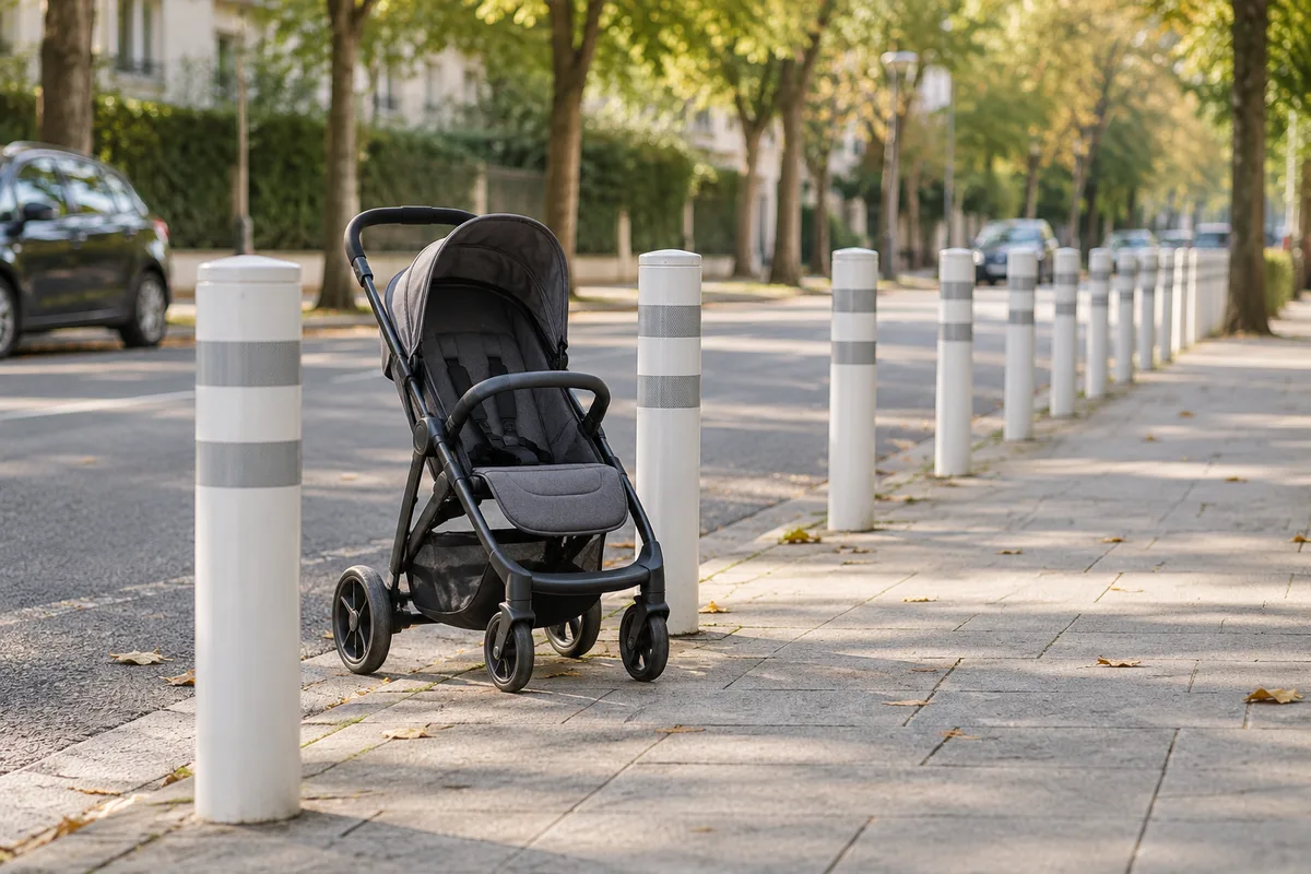 Poussette vide entre deux potelets blancs à bandes réfléchissantes sur un trottoir large