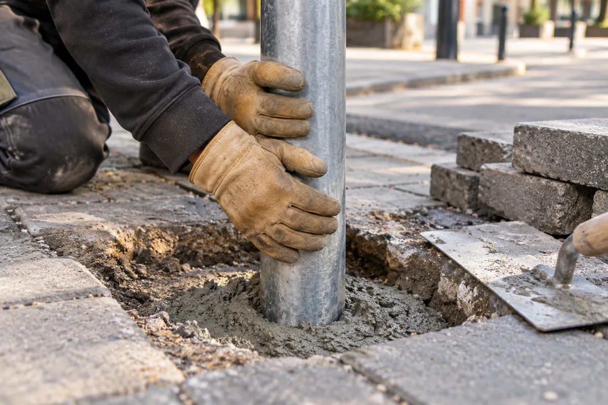 Mains gantées calant un potelet en acier dans un trou de forage sur un trottoir en travaux