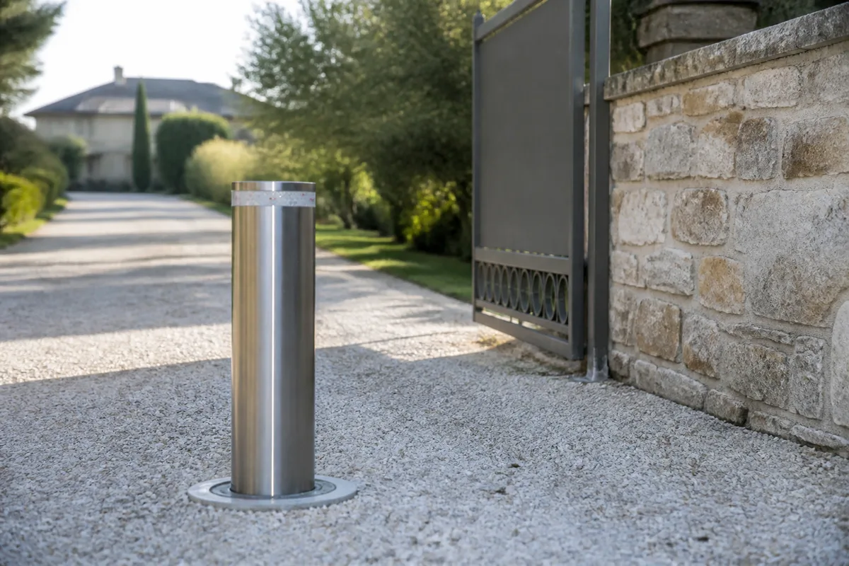 Entrée de propriété avec borne escamotable relevée devant une allée gravillonnée