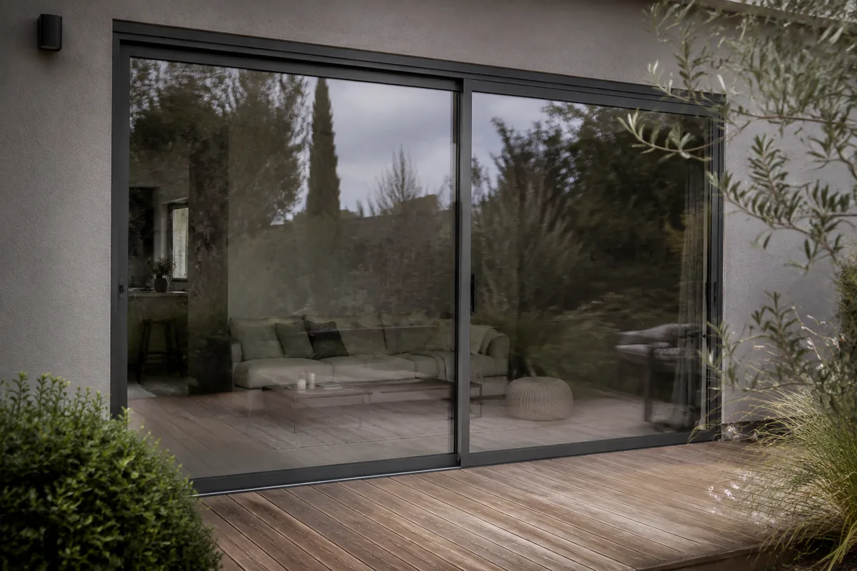 Baie vitrée coulissante en aluminium vue depuis un jardin clos, seuil affleurant