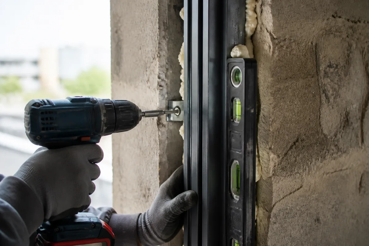 Mains gantées vérifiant la fixation d&rsquo;un dormant de menuiserie sur un mur