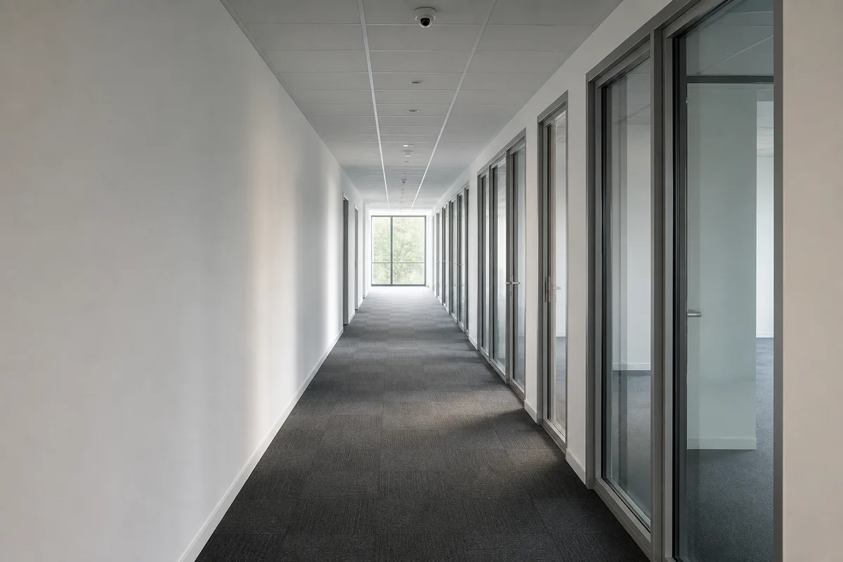 Couloir de bureaux vide avec caméra discrète au plafond et portes vitrées