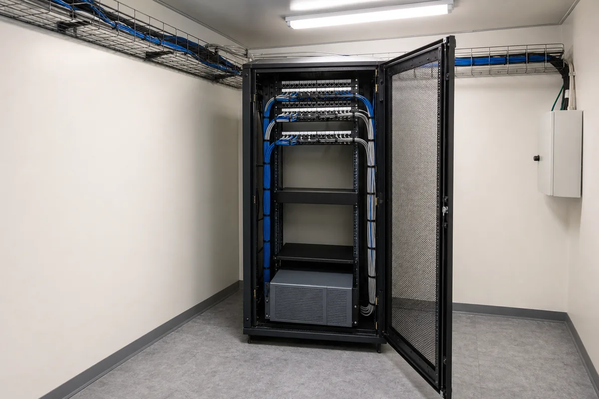Local technique fermé avec baie de brassage et enregistreur vidéo en rack